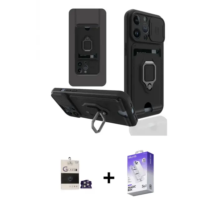 ieg™ iPhone 14 Pro Max Kılıf Vadi Form Prime - Siyah Bilvis 5in1 3D Magic Cam Ekran Koruyucu + Bilvis Titan Kamera Lens - GS