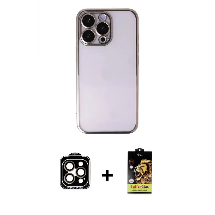 ieg™ iPhone 14 Pro Max Kılıf Vadi Minimal - Siyah Buffer Cam Ekran Koruyucu + PVD Metal Kamera Lens - TU