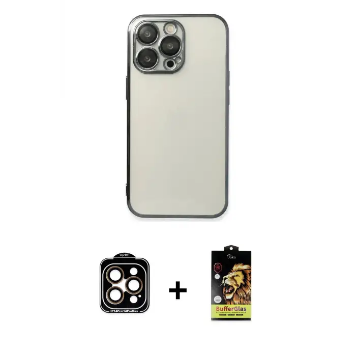 ieg™ iPhone 14 Pro Max Kılıf Vadi Minimal - Siyah Buffer Cam Ekran Koruyucu + PVD Metal Kamera Lens - TU