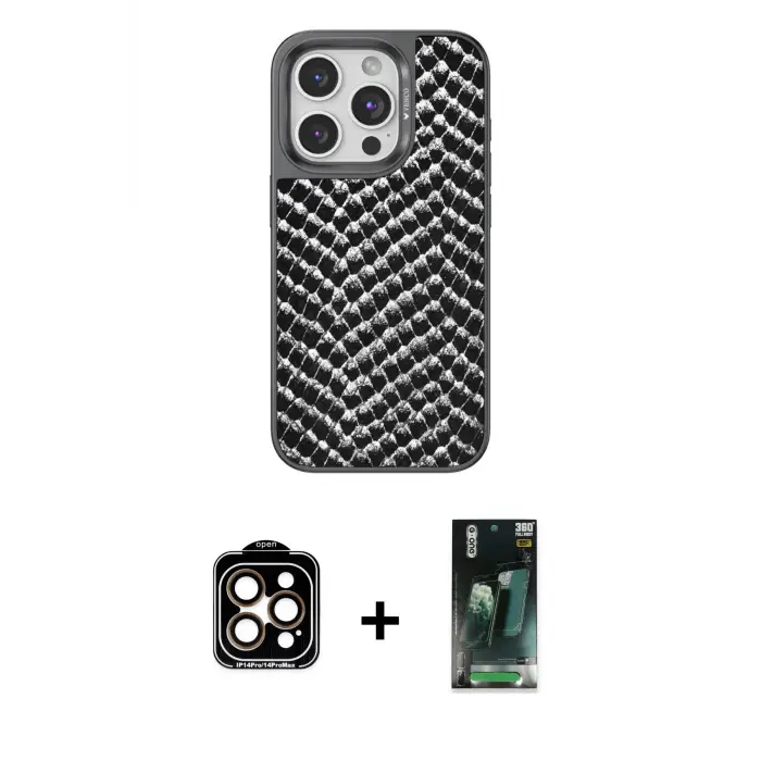 ieg™ iPhone 14 Pro Max Kılıf Vadi Özel Seri - Siyah 360 Mat Full Body Arka Koruyucu + PVD Metal Kamera Lens - TU