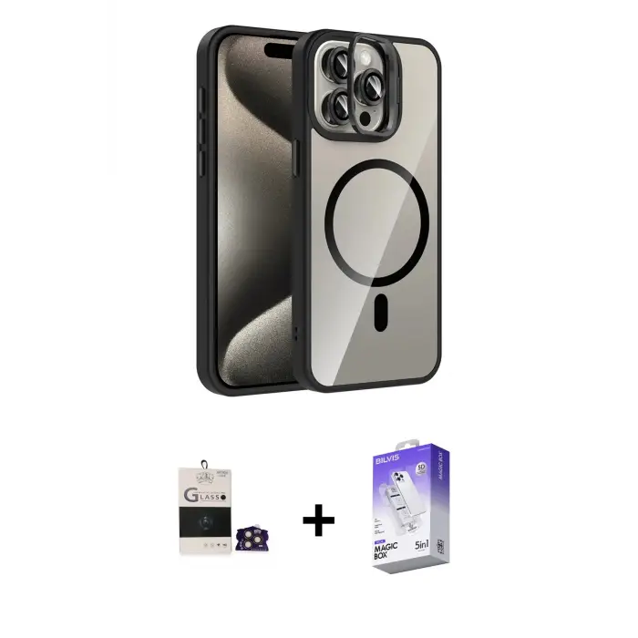 ieg™ iPhone 14 Pro Max Kılıf Yadigar Asil Koleksiyonu - Siyah Bilvis 5in1 3D Magic Cam Ekran Koruyucu + Bilvis Titan Kamera Lens - GD