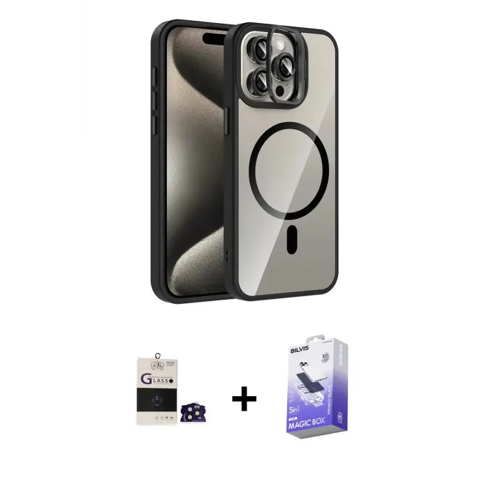 ieg™ iPhone 14 Pro Max Kılıf Yadigar Asil Koleksiyonu - Siyah Bilvis 5in1 5D Magic Hayalet Cam Ekran Koruyucu + Bilvis Titan Kamera Lens - DNMR