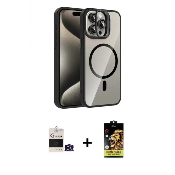 ieg™ iPhone 14 Pro Max Kılıf Yadigar Asil Koleksiyonu - Siyah Buffer Cam Ekran Koruyucu + Bilvis Titan Kamera Lens - DNMR