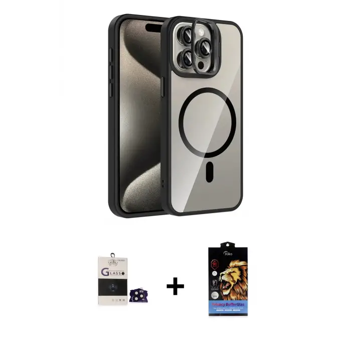 ieg™ iPhone 14 Pro Max Kılıf Yadigar Asil Koleksiyonu - Siyah Buffer Hayalet Cam Ekran Koruyucu + Bilvis Titan Kamera Lens - SH