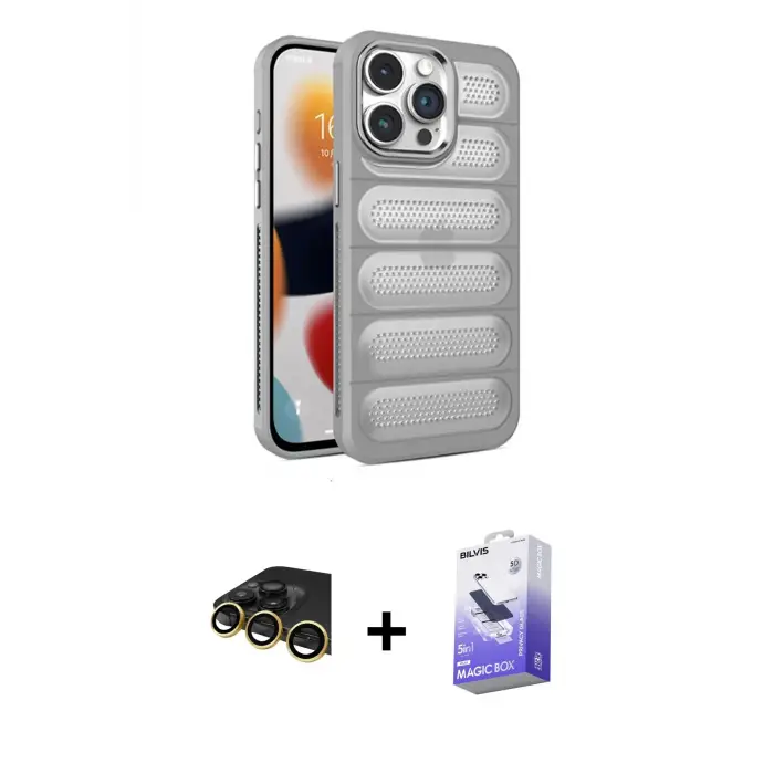 ieg™ iPhone 14 Pro Max Kılıf Yadigar Doku Özel Seri - Siyah Bilvis 5in1 5D Magic Hayalet Cam Ekran Koruyucu + Raze Metal Kamera Lens - GD