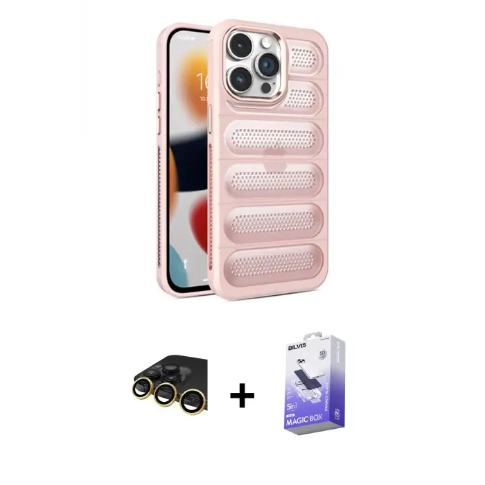 ieg™ iPhone 14 Pro Max Kılıf Yadigar Doku Özel Seri - Siyah Bilvis 5in1 5D Magic Hayalet Cam Ekran Koruyucu + Raze Metal Kamera Lens - GD
