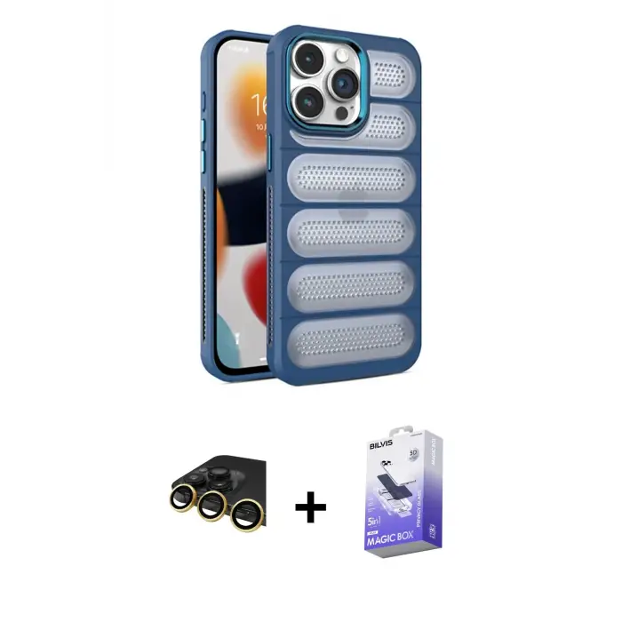 ieg™ iPhone 14 Pro Max Kılıf Yadigar Doku Özel Seri - Siyah Bilvis 5in1 5D Magic Hayalet Cam Ekran Koruyucu + Raze Metal Kamera Lens - GD