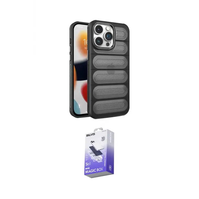 ieg™ iPhone 14 Pro Max Kılıf Yadigar Doku Özel Seri - Siyah Bilvis 5in1 5D Magic Hayalet Cam Ekran Koruyucu