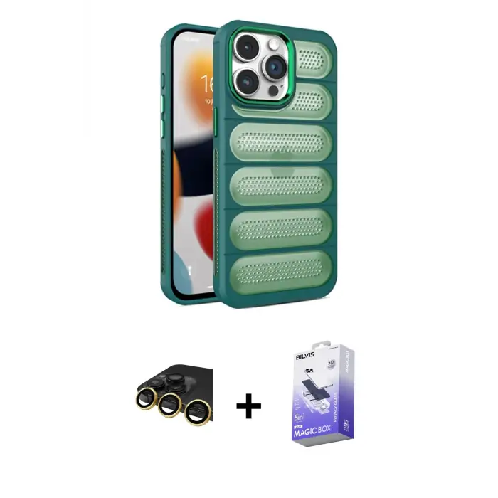 ieg™ iPhone 14 Pro Max Kılıf Yadigar Doku Özel Seri - Siyah Bilvis 5in1 5D Magic Hayalet Cam Ekran Koruyucu + Raze Metal Kamera Lens - GD