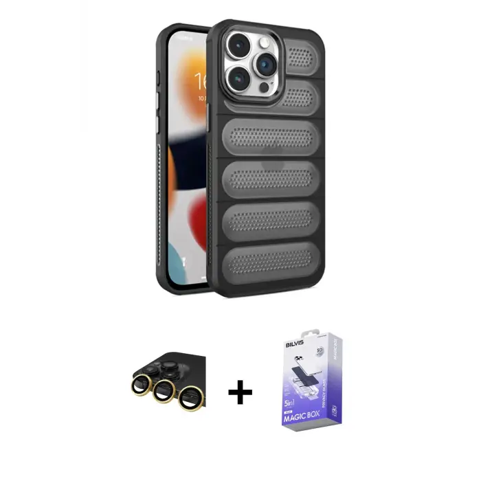 ieg™ iPhone 14 Pro Max Kılıf Yadigar Doku Özel Seri - Siyah Bilvis 5in1 5D Magic Hayalet Cam Ekran Koruyucu + Raze Metal Kamera Lens - GD