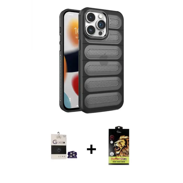 ieg™ iPhone 14 Pro Max Kılıf Yadigar Doku Özel Seri - Siyah Buffer Cam Ekran Koruyucu + Bilvis Titan Kamera Lens - GS