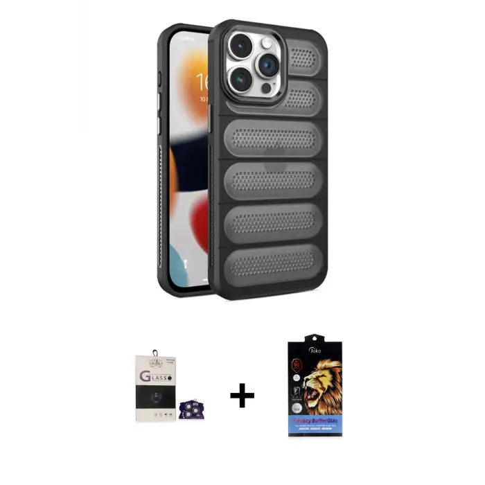 ieg™ iPhone 14 Pro Max Kılıf Yadigar Doku Özel Seri - Siyah Buffer Hayalet Cam Ekran Koruyucu + Bilvis Titan Kamera Lens - GS