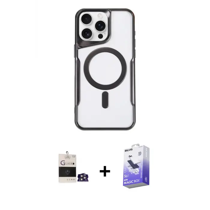 ieg™ iPhone 14 Pro Max Kılıf Yadigar Klasik Özel Seri - Siyah Bilvis 5in1 5D Magic Hayalet Cam Ekran Koruyucu + Bilvis Titan Kamera Lens - GS