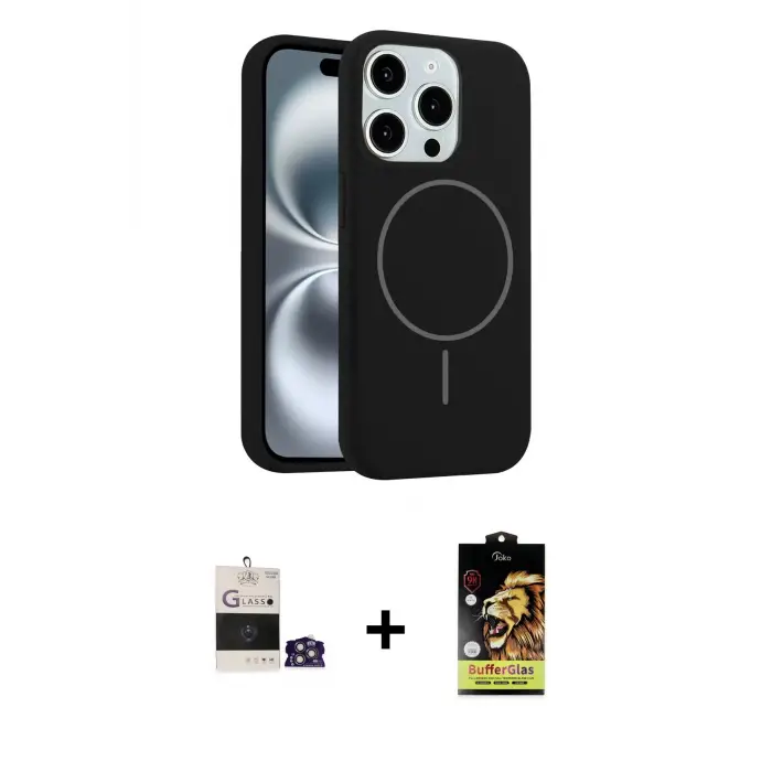 ieg™ iPhone 14 Pro Max Kılıf Yankı Form Serisi - Siyah Buffer Cam Ekran Koruyucu + Bilvis Titan Kamera Lens - GS
