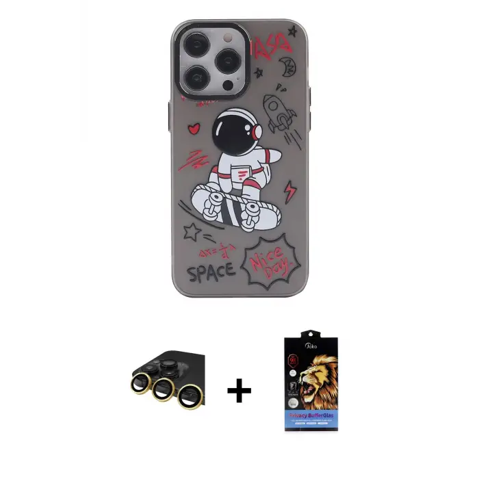ieg™ iPhone 14 Pro Max Kılıf Zirve Form Özel Seri - Siyah Buffer Hayalet Cam Ekran Koruyucu + Raze Metal Kamera Lens - GD