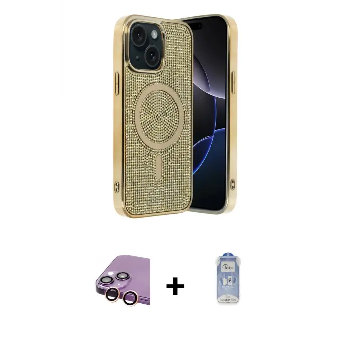 ieg™ iPhone 15 Kılıf Eksen Çizgi - Siyah Joko Magic 5D Cam + Raze Metal Kamera Lens - PE
