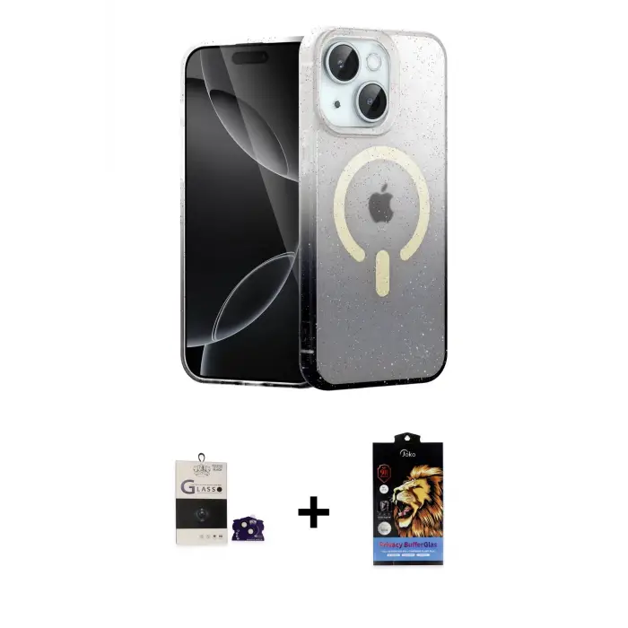 ieg™ iPhone 15 Kılıf Eksen Minimal Özel Seri - Siyah Buffer Hayalet Cam Ekran Koruyucu + Bilvis Titan Kamera Lens - SH