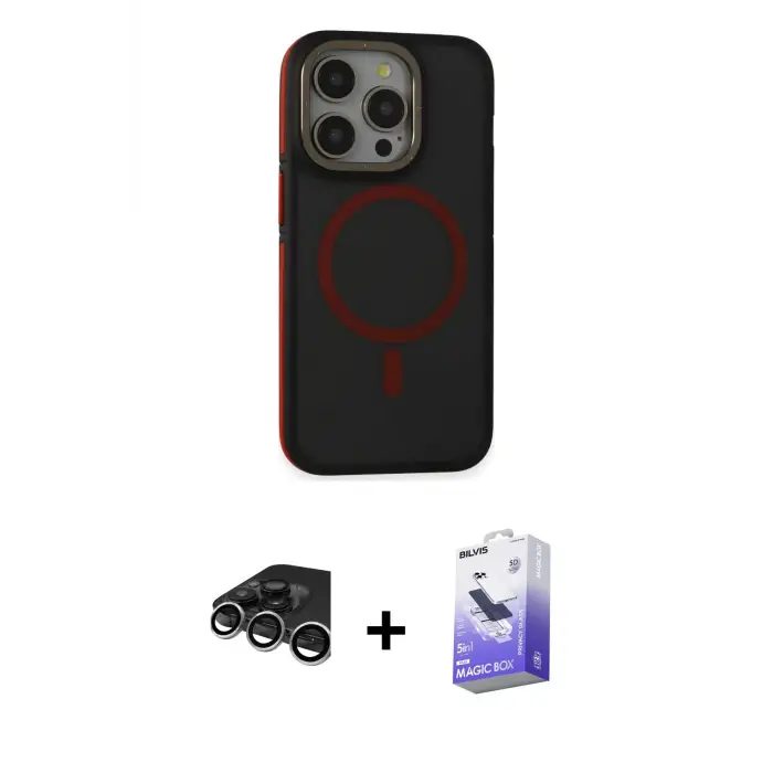 ieg™ iPhone 15 Pro Kılıf Ahenk Form Serisi - Siyah Bilvis 5in1 5D Magic Hayalet Cam Ekran Koruyucu + Raze Metal Kamera Lens - GS