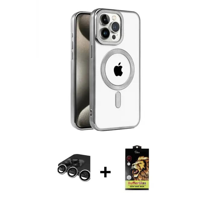 ieg™ iPhone 15 Pro Kılıf Eksen Form Koleksiyonu - Siyah Buffer Cam Ekran Koruyucu + Raze Metal Kamera Lens - GS