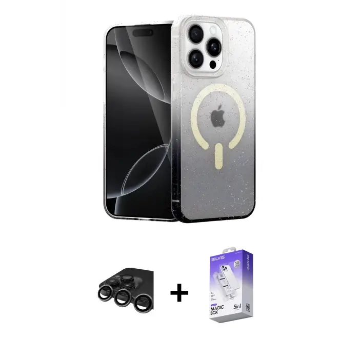 ieg™ iPhone 15 Pro Kılıf Eksen Minimal Özel Seri - Siyah Bilvis 5in1 3D Magic Cam Ekran Koruyucu + Raze Metal Kamera Lens - TMGI