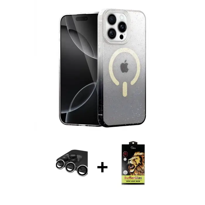 ieg™ iPhone 15 Pro Kılıf Eksen Minimal Özel Seri - Siyah Buffer Cam Ekran Koruyucu + Raze Metal Kamera Lens - GS