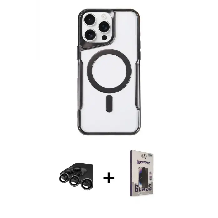 ieg™ iPhone 15 Pro Kılıf Yadigar Klasik Özel Seri - Siyah Bilvis Hayalet Cam Ekran Koruyucu + Raze Metal Kamera Lens - TMGI