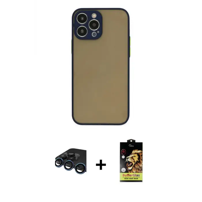ieg™ iPhone 15 Pro Max Kılıf Ahenk Çizgi Serisi - Siyah Buffer Cam Ekran Koruyucu + Raze Metal Kamera Lens - LT
