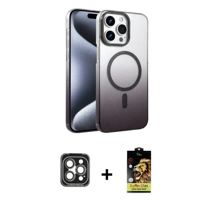 ieg™ iPhone 15 Pro Max Kılıf Ahenk Doku Özel Seri - Siyah Buffer Cam Ekran Koruyucu + PVD Metal Kamera Lens - GI