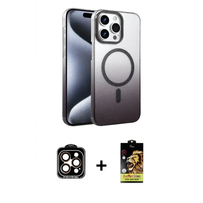 ieg™ iPhone 15 Pro Max Kılıf Ahenk Doku Özel Seri - Siyah Buffer Cam Ekran Koruyucu + PVD Metal Kamera Lens - TU