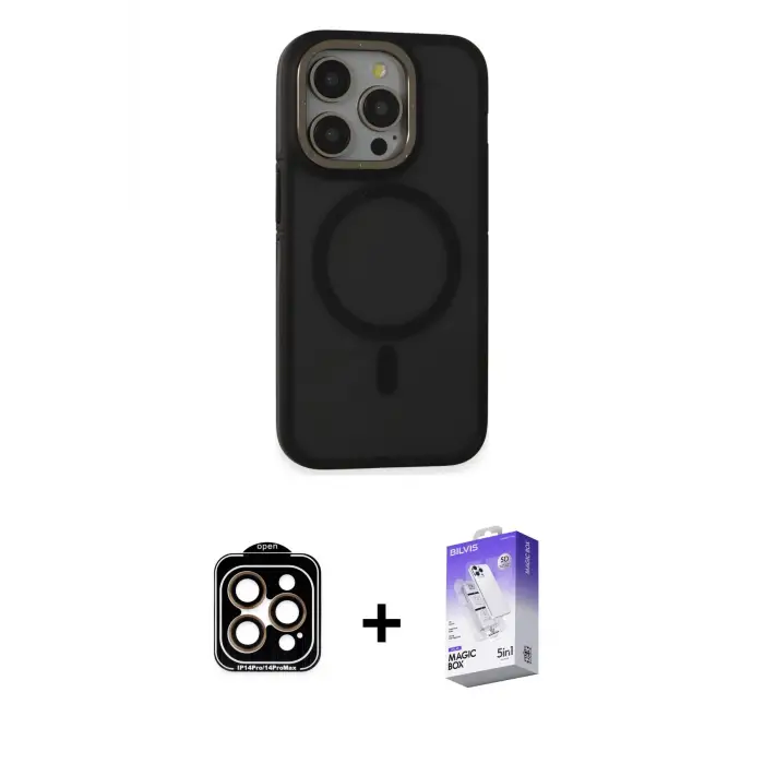 ieg™ iPhone 15 Pro Max Kılıf Ahenk Form Serisi - Siyah Bilvis 5in1 3D Magic Cam Ekran Koruyucu + PVD Metal Kamera Lens - TU