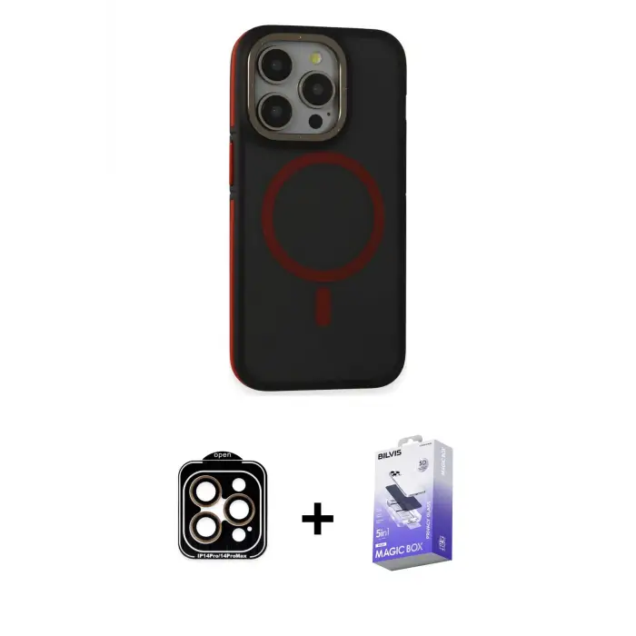 ieg™ iPhone 15 Pro Max Kılıf Ahenk Form Serisi - Siyah Bilvis 5in1 5D Magic Hayalet Cam Ekran Koruyucu + PVD Metal Kamera Lens - TU