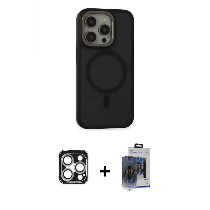 ieg™ iPhone 15 Pro Max Kılıf Ahenk Form Serisi - Siyah Vanessa Magic Cam + PVD Metal Kamera Lens - GS