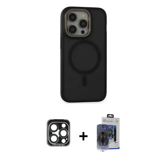 ieg™ iPhone 15 Pro Max Kılıf Ahenk Form Serisi - Siyah Vanessa Magic Cam + PVD Metal Kamera Lens - LT