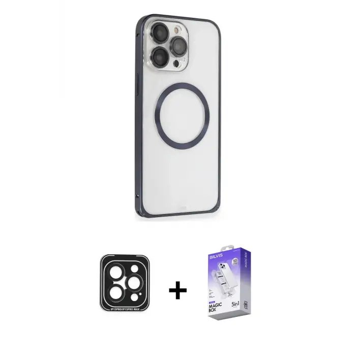 ieg™ iPhone 15 Pro Max Kılıf Ahenk Işık Serisi - Siyah Bilvis 5in1 3D Magic Cam Ekran Koruyucu + PVD Metal Kamera Lens - SH