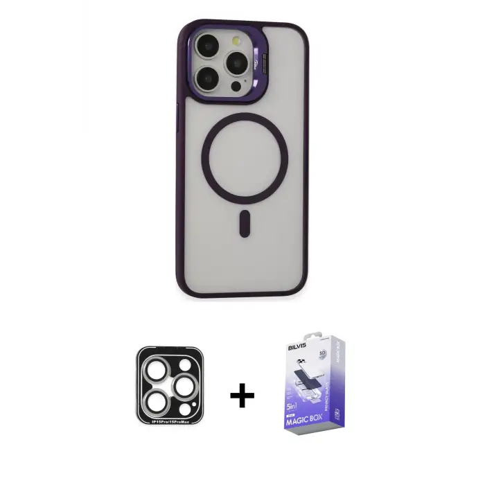 ieg™ iPhone 15 Pro Max Kılıf Ahenk Klasik Özel Seri - Siyah Bilvis 5in1 5D Magic Hayalet Cam Ekran Koruyucu + PVD Metal Kamera Lens - GS