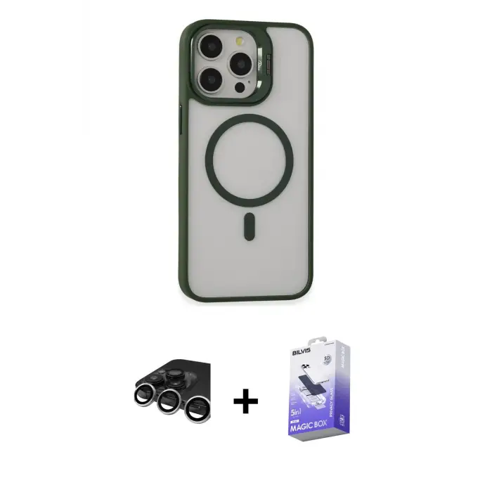 ieg™ iPhone 15 Pro Max Kılıf Ahenk Klasik Özel Seri - Siyah Bilvis 5in1 5D Magic Hayalet Cam Ekran Koruyucu + Raze Metal Kamera Lens - GS