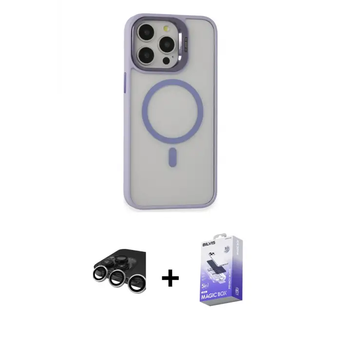 ieg™ iPhone 15 Pro Max Kılıf Ahenk Klasik Özel Seri - Siyah Bilvis 5in1 5D Magic Hayalet Cam Ekran Koruyucu + Raze Metal Kamera Lens - GS