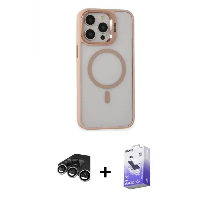 ieg™ iPhone 15 Pro Max Kılıf Ahenk Klasik Özel Seri - Siyah Bilvis 5in1 5D Magic Hayalet Cam Ekran Koruyucu + Raze Metal Kamera Lens - GS