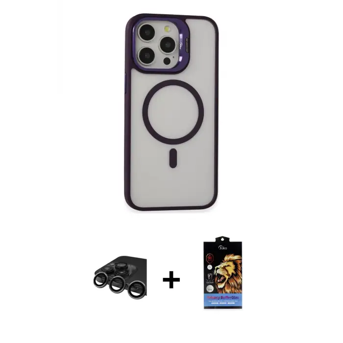 ieg™ iPhone 15 Pro Max Kılıf Ahenk Klasik Özel Seri - Siyah Buffer Hayalet Cam Ekran Koruyucu + Raze Metal Kamera Lens - TMGI