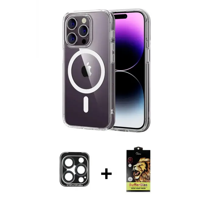 ieg™ iPhone 15 Pro Max Kılıf Ahenk Minimal Serisi - Siyah Buffer Cam Ekran Koruyucu + PVD Metal Kamera Lens - LT