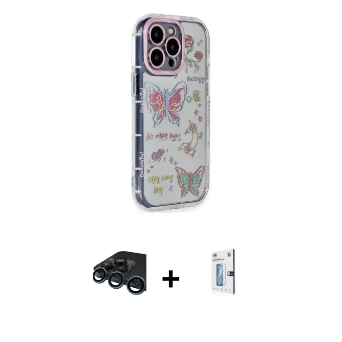 ieg™ iPhone 15 Pro Max Kılıf Ahenk Modern Serisi - Siyah Bilvis 0.18mm Plus Cam Ekran Koruyucu + Raze Metal Kamera Lens - LT