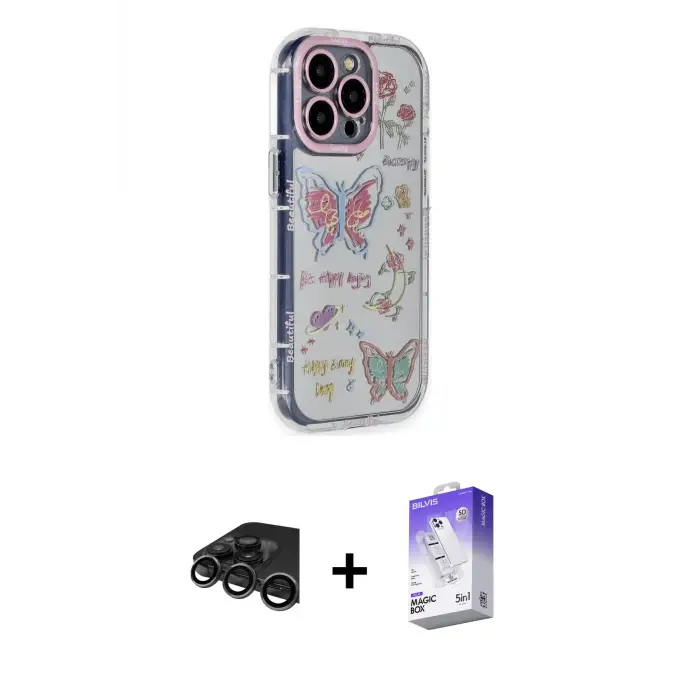 ieg™ iPhone 15 Pro Max Kılıf Ahenk Modern Serisi - Siyah Bilvis 5in1 3D Magic Cam Ekran Koruyucu + Raze Metal Kamera Lens - TMGI