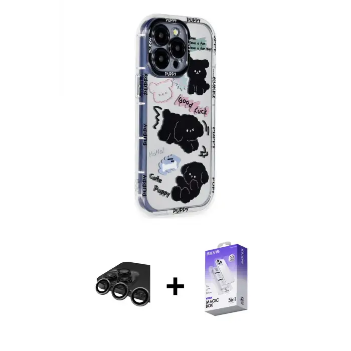 ieg™ iPhone 15 Pro Max Kılıf Ahenk Modern Serisi - Siyah Bilvis 5in1 3D Magic Cam Ekran Koruyucu + Raze Metal Kamera Lens - TMGI