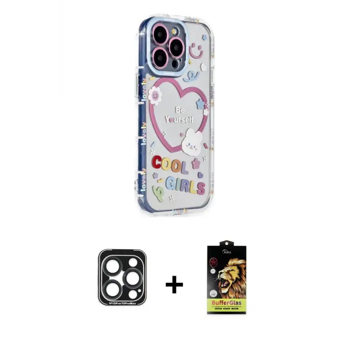 ieg™ iPhone 15 Pro Max Kılıf Ahenk Modern Serisi - Siyah Buffer Cam Ekran Koruyucu + PVD Metal Kamera Lens - LT