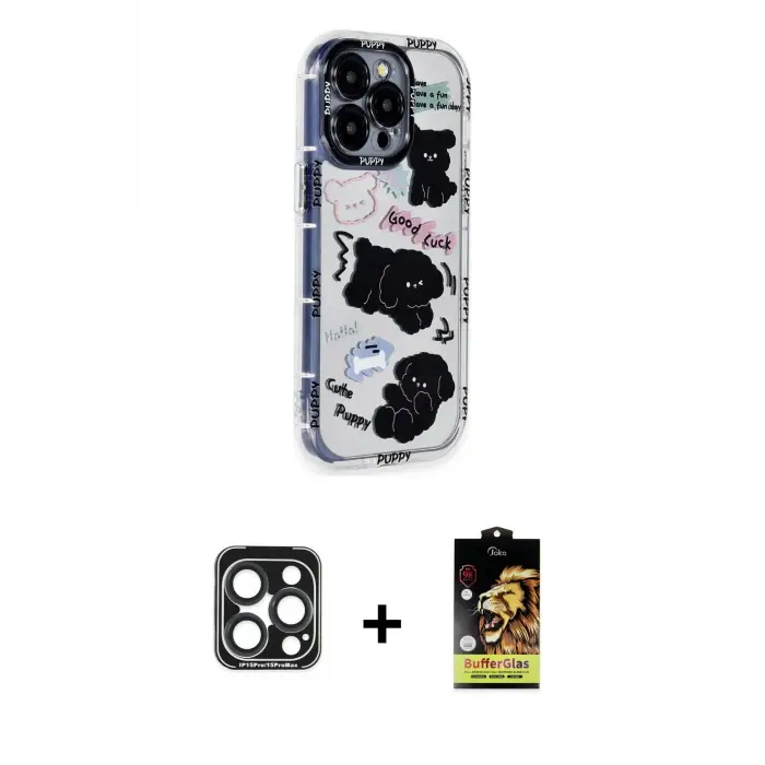 ieg™ iPhone 15 Pro Max Kılıf Ahenk Modern Serisi - Siyah Buffer Cam Ekran Koruyucu + PVD Metal Kamera Lens - LT