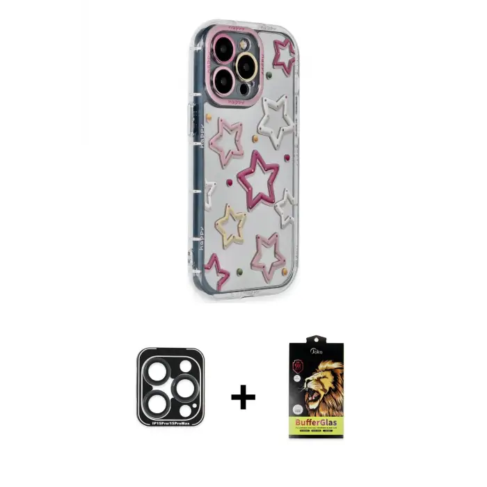 ieg™ iPhone 15 Pro Max Kılıf Ahenk Modern Serisi - Siyah Buffer Cam Ekran Koruyucu + PVD Metal Kamera Lens - LT