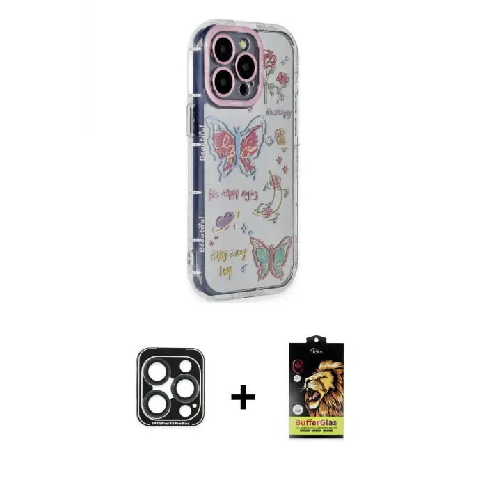 ieg™ iPhone 15 Pro Max Kılıf Ahenk Modern Serisi - Siyah Buffer Cam Ekran Koruyucu + PVD Metal Kamera Lens - LT