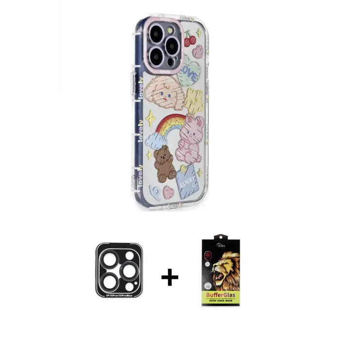 ieg™ iPhone 15 Pro Max Kılıf Ahenk Modern Serisi - Siyah Buffer Cam Ekran Koruyucu + PVD Metal Kamera Lens - LT