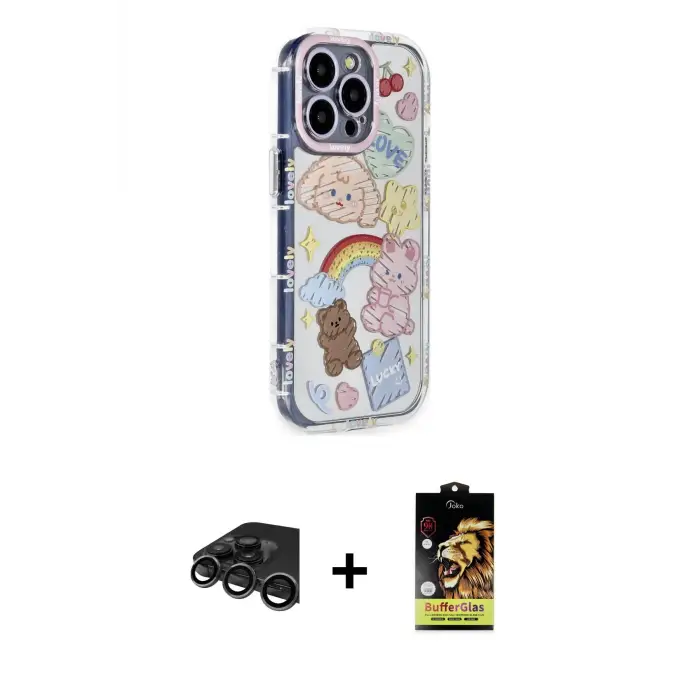 ieg™ iPhone 15 Pro Max Kılıf Ahenk Modern Serisi - Siyah Buffer Cam Ekran Koruyucu + Raze Metal Kamera Lens - TMGI