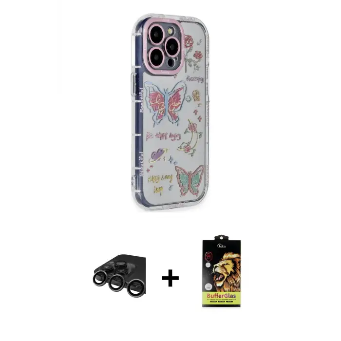 ieg™ iPhone 15 Pro Max Kılıf Ahenk Modern Serisi - Siyah Buffer Cam Ekran Koruyucu + Raze Metal Kamera Lens - TMGI